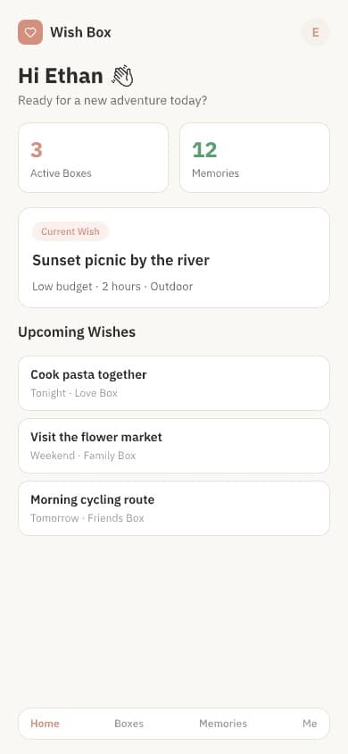 Wish Box mobile dashboard mock